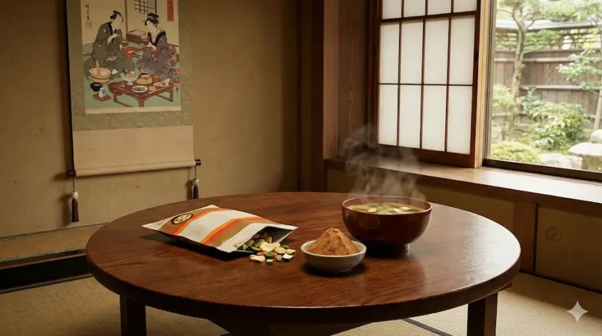 日本の伝統的な食卓と歴史的背景を表現したAI生成イメージ