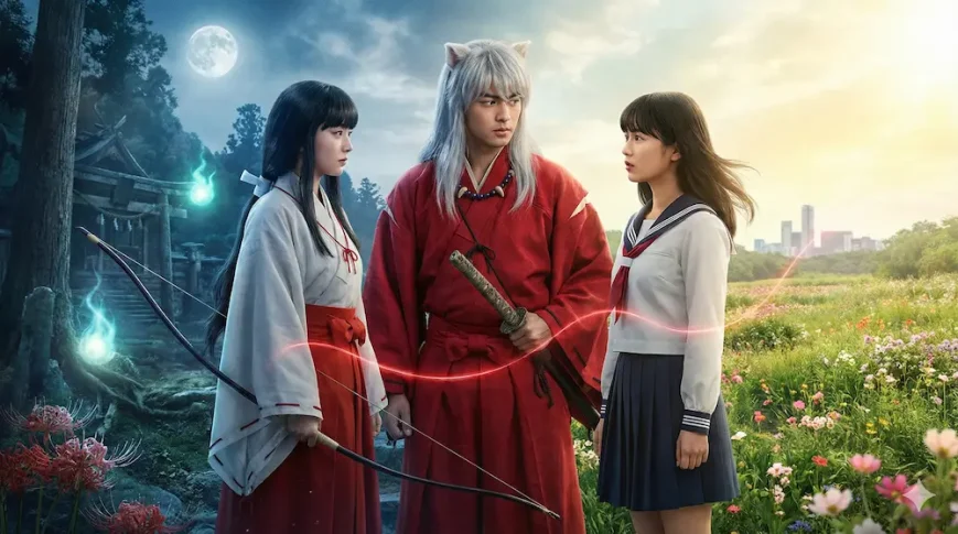 犬夜叉、かごめ、桔梗の三角関係を表した実写イメージ画像。