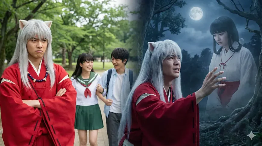 かごめと桔梗それぞれに対する犬夜叉の嫉妬を描いた実写イメージ。