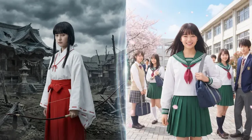 桔梗とかごめの生きた時代の違いを対比した実写イメージ画像。