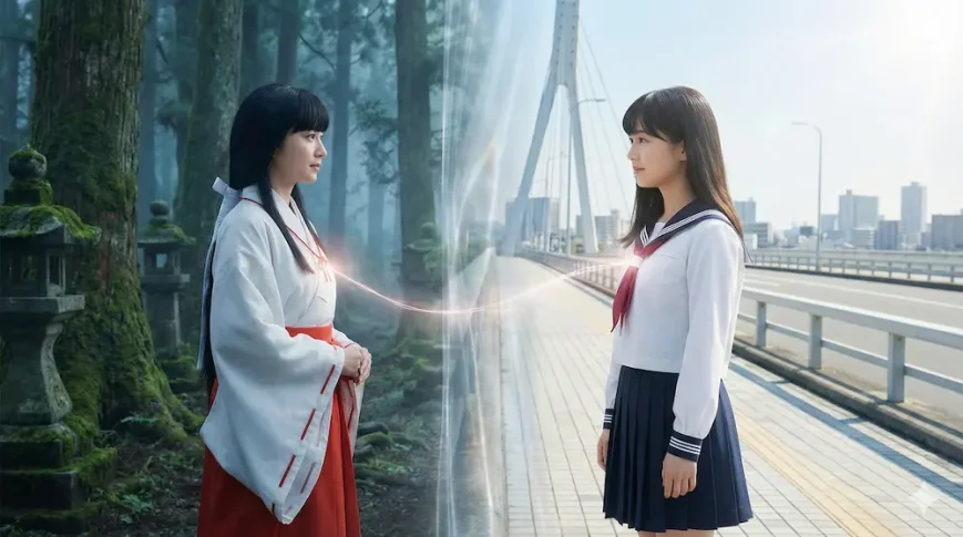 桔梗とかごめの魂のつながりを表現した実写イメージ画像。