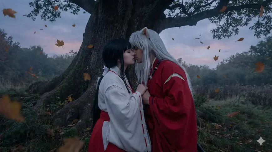 犬夜叉と桔梗の悲劇的なキスシーンを描いた実写イメージ画像。