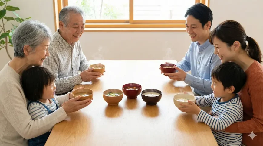 幅広い世代の食卓で親しまれる味噌汁を表したAI生成イメージ