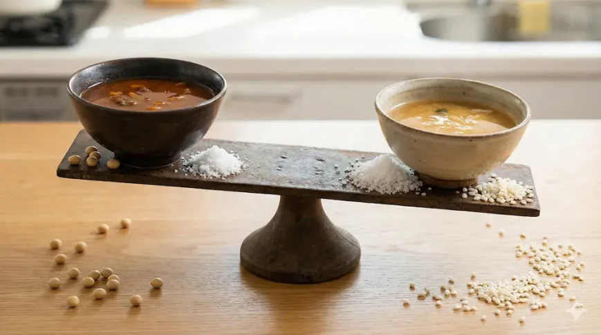 味噌汁の塩分量と健康面での比較を表現したAI生成イメージ