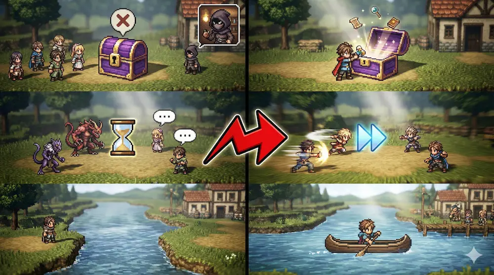 オクトパストラベラー2で進化したQoL。倍速戦闘やカヌー移動など快適になったシステムをイメージ。