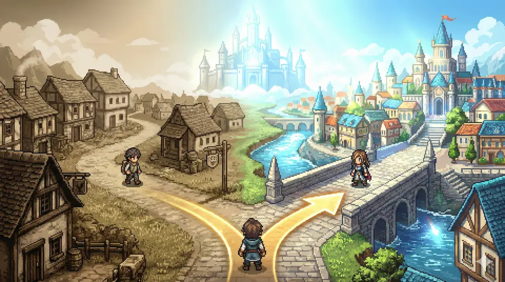 オクトパストラベラーのプレイ順序を検討するプレイヤーを導く、1と2のパッケージ対比イメージ。