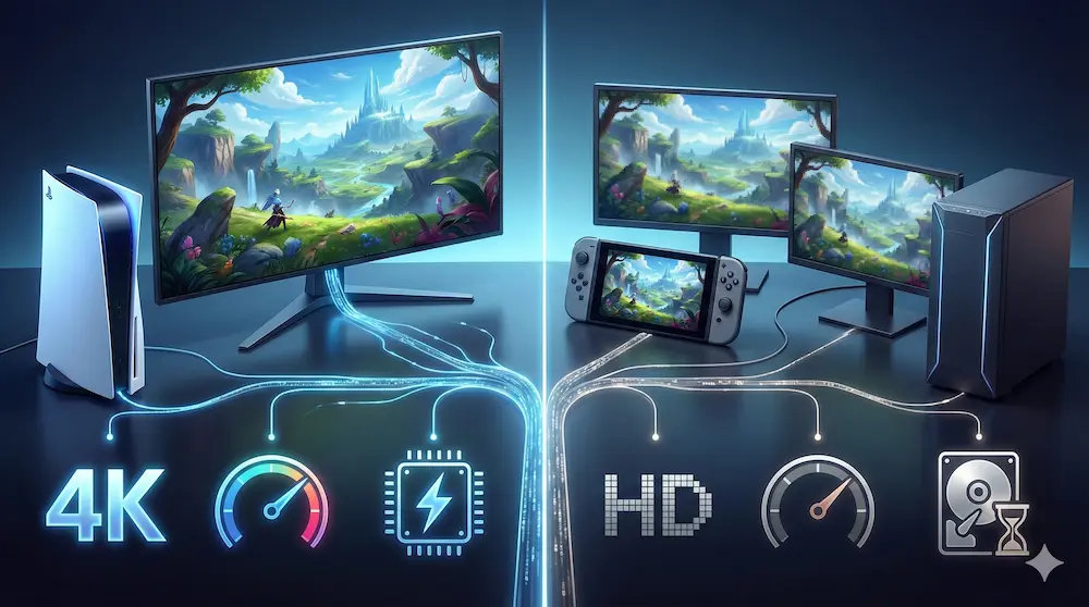 PS5版の4K・60fpsの精細な映像美。ハードごとのスペック差と没入感をイメージ。