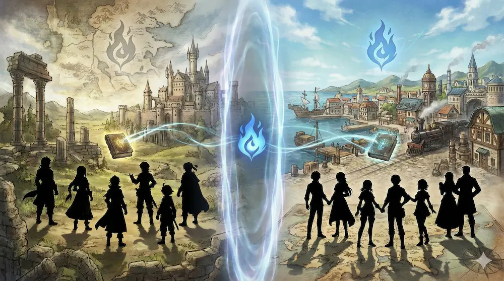 1のオルステラ大陸と2のソリスティア大陸。それぞれの独立した世界観を表現した対比画像。