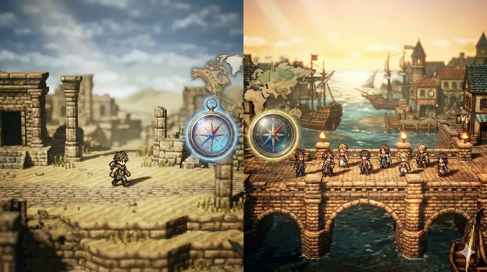 オクトパストラベラー1と2の比較。左側に孤独な旅路の1、右側に活気ある2の旅人たちが描かれた対比イメージ。