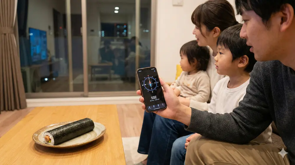 2026年の恵方である南南東を向き食べるイメージ画像