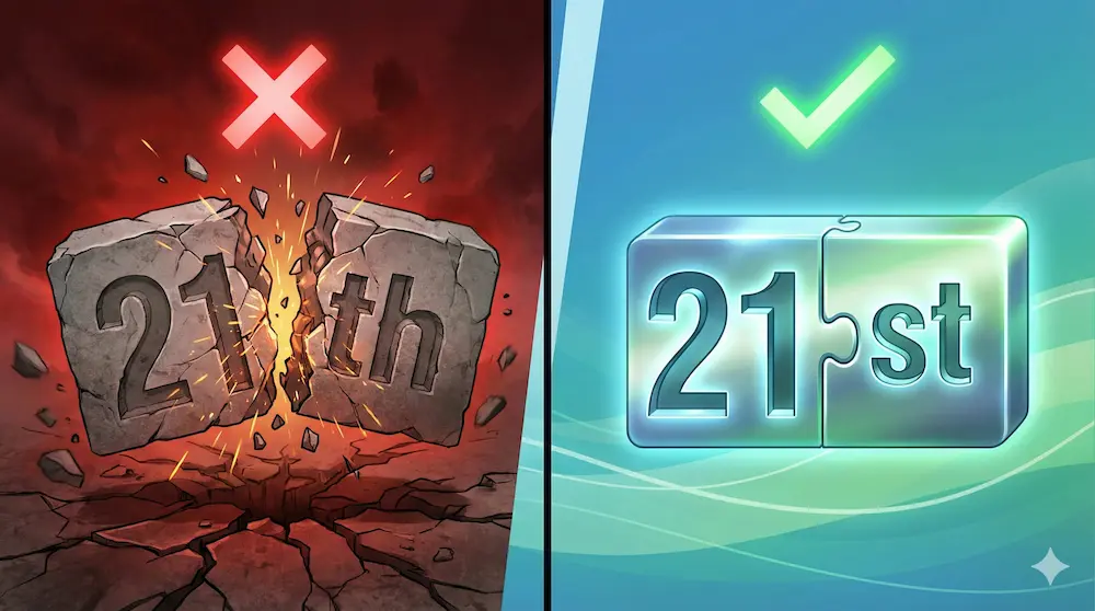 21thが誤りで21stが正解であることを示すイメージ画像