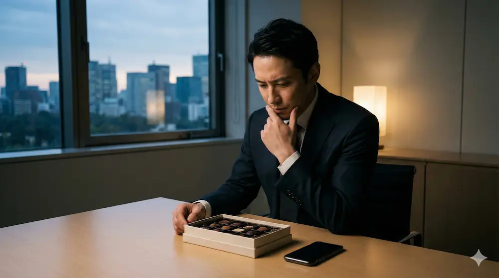 オフィスでチョコを前に真剣な表情で考え込む大人の男性のイメージ画像