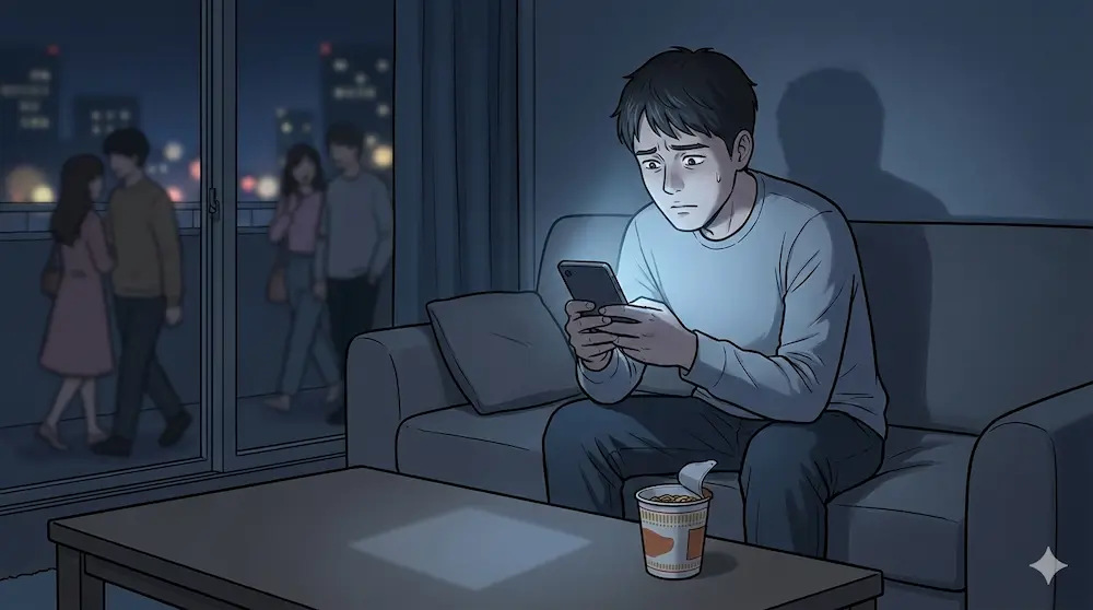 バレンタインに何も貰えずスマホを見ながら不安を感じる男性のイメージ画像