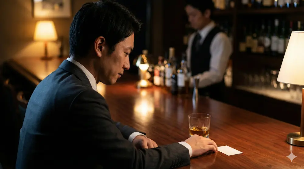 映画の静かな結末と、名前を捨てる選択の重みを象徴するバーのイメージ画像