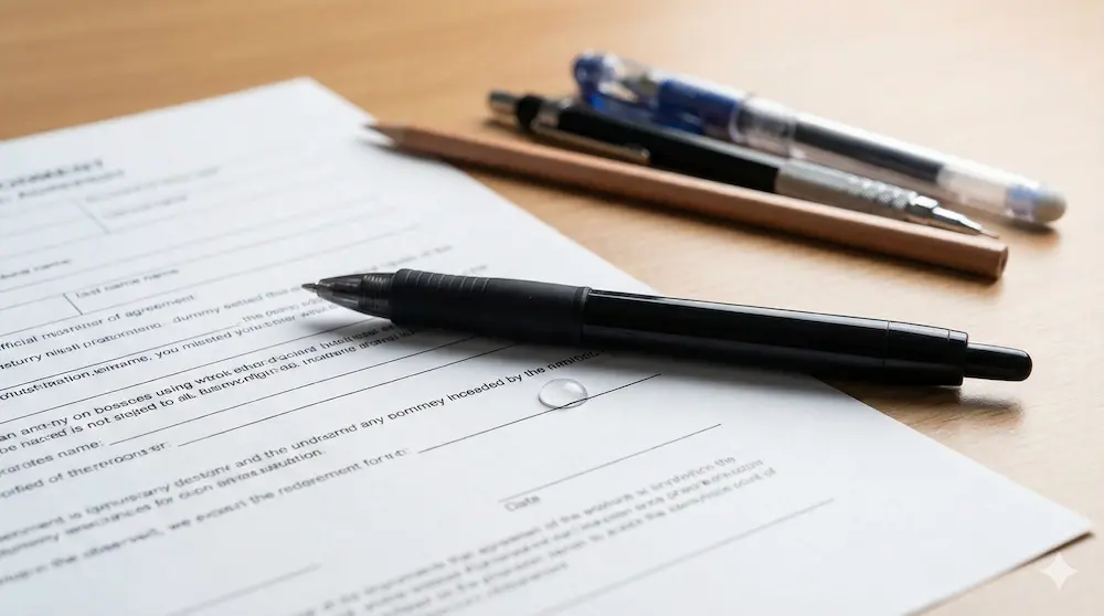 宣誓書の記入に適した黒のボールペンを強調したイメージ画像