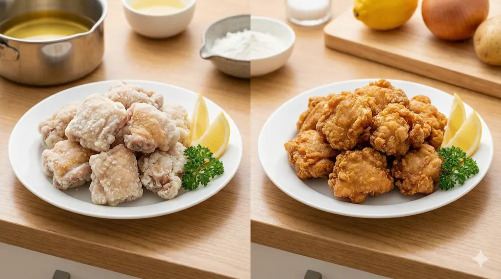 鶏の唐揚げに最適な粉を片栗粉と小麦粉で比較したイメージ画像