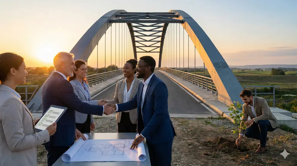 成果を確認し次への架け橋を象徴する握手のイメージ画像