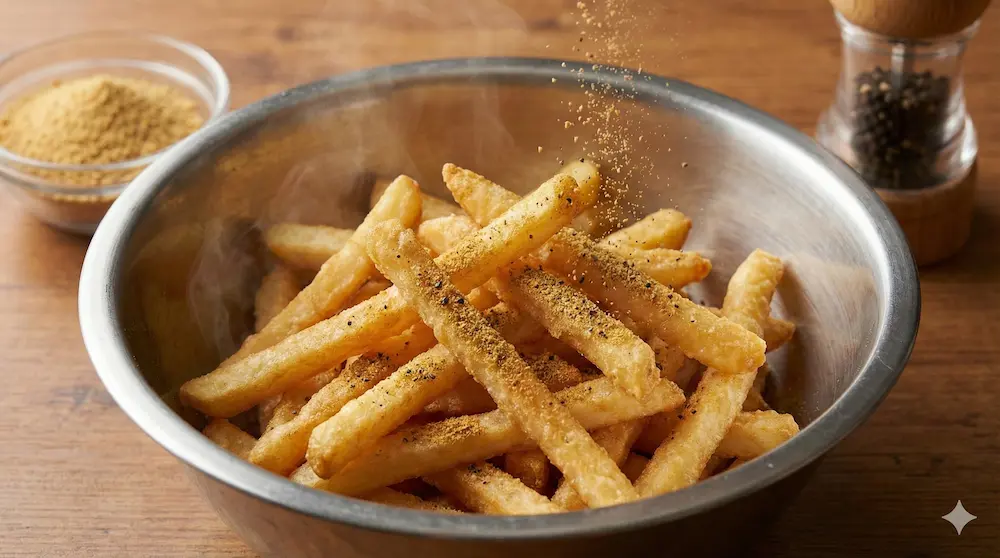 揚げたての軽い衣にコンソメ粉末をまぶして味付けする瞬間のイメージ