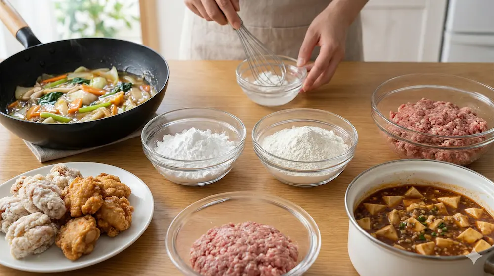 調理中に片栗粉と小麦粉のどちらを使うか迷うシーンのイメージ画像