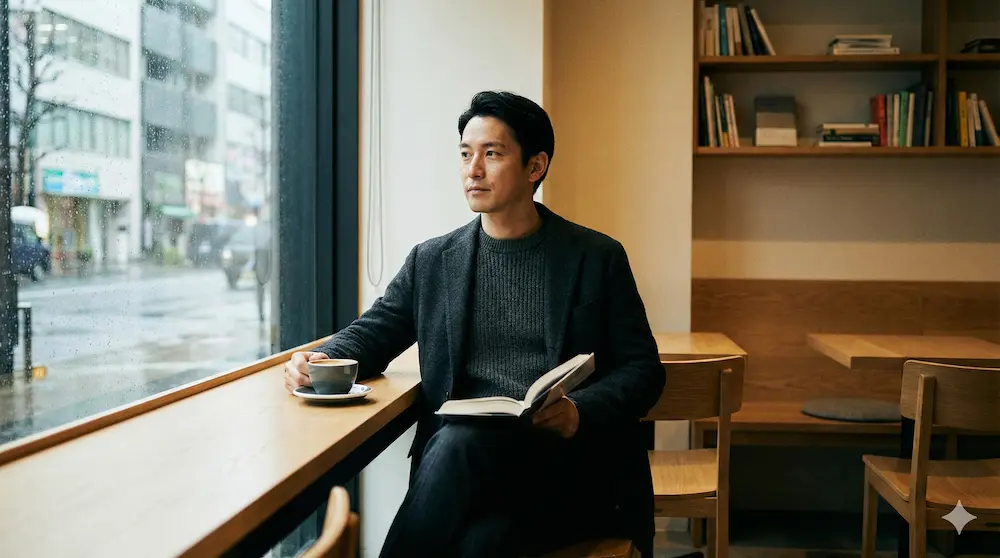 落ち着いた雰囲気で知的な印象を与える男性のイメージ画像