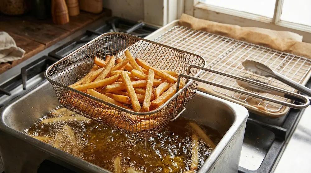 高温の油で泡を出しながら、表面をカリカリに素揚げする工程のイメージ