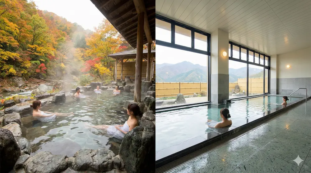 野趣溢れる露天風呂と清潔感のある大浴場を対比したイメージ画像