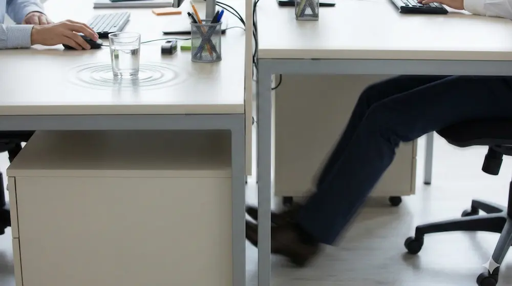 隣の席の動きで机の上のコップが揺れる振動を表したイメージ画像