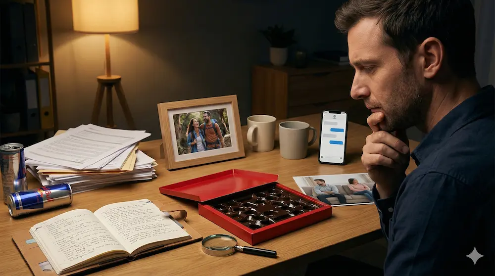 過去の思い出と現状を比較して関係の変化を見極めようとする男性のイメージ画像