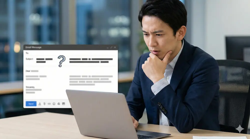 ビジネスメールで略語を使用するか悩むビジネスマンのイメージ画像