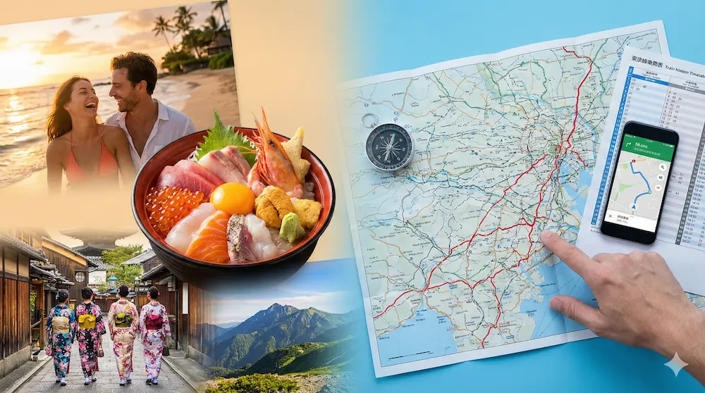 旅の体験写真とルートを確認する地図を左右で対比させたイメージ画像