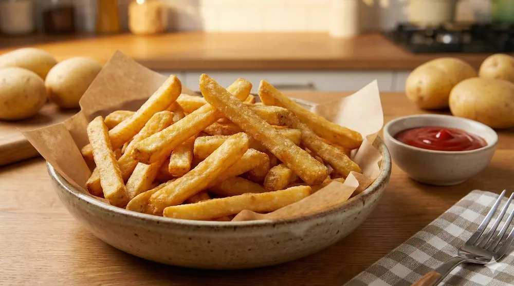 小麦粉を使い、香ばしいきつね色にしっかりと揚がった定番ポテトのイメージ