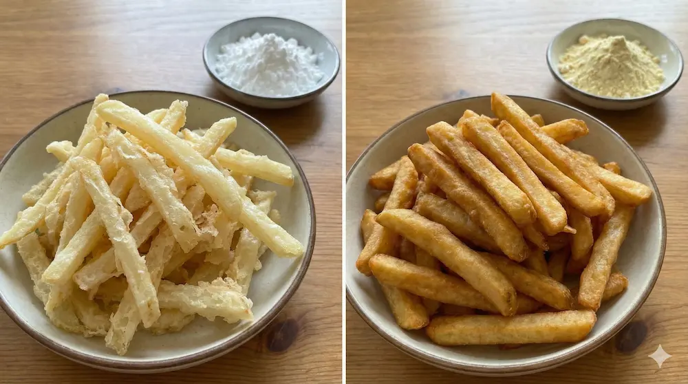 片栗粉と小麦粉、それぞれの色味と質感の差を左右で並べた比較イメージ