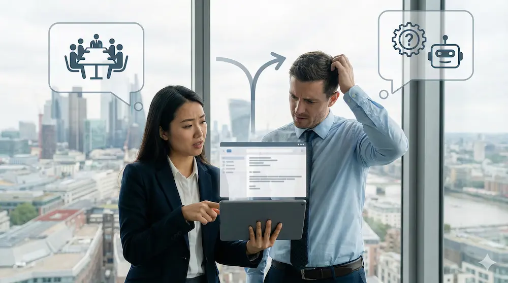 海外拠点とのやり取りで略語の意図を確認し合うイメージ画像