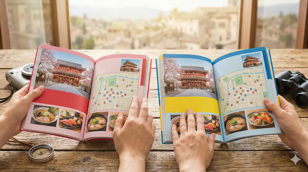 似た構成の2冊のガイドブックを広げて見比べる様子を表したイメージ画像
