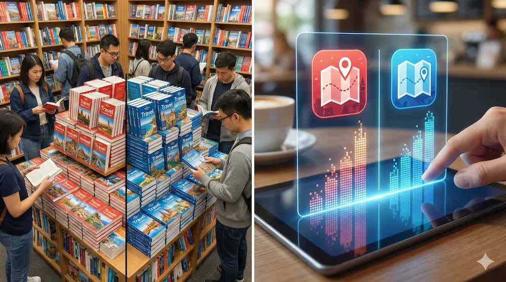 書店の特設コーナーとデジタル端末の売上データを対比したイメージ画像