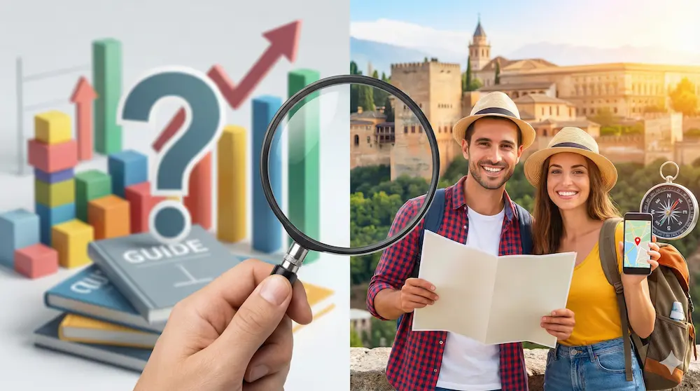グラフとガイドブックを虫眼鏡で分析する様子を表現したイメージ画像