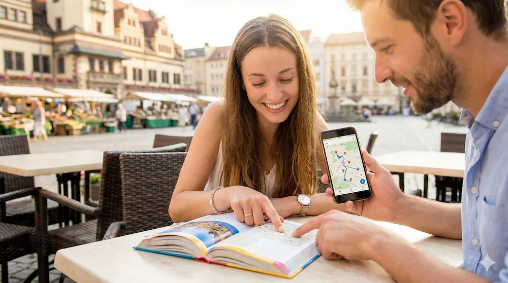 紙のガイドブックとスマホの地図アプリを併用する様子を表したイメージ画像