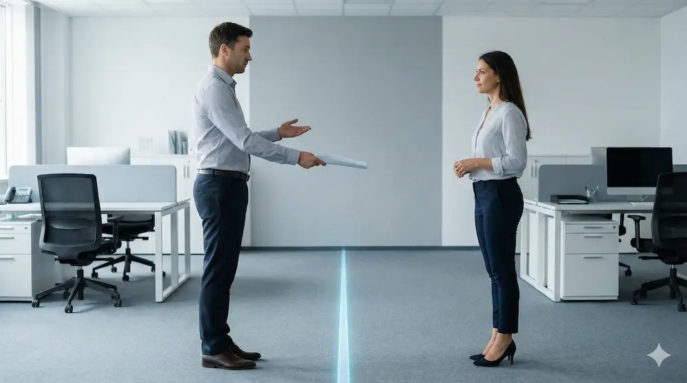 職場での心理的な境界線と相互の配慮を可視化したイメージ画像