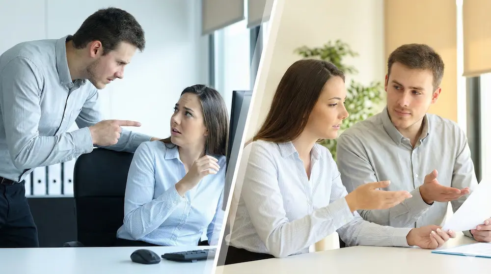 威圧的な注意と業務上の適切な依頼の違いを比較したイメージ画像