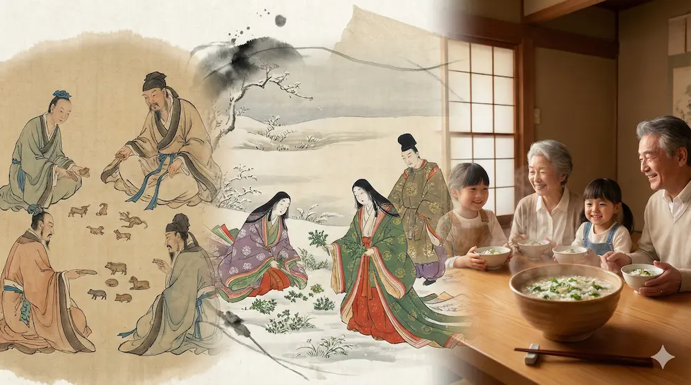 人日の節句と七草粥の歴史的な背景を感じさせるAI生成イメージ