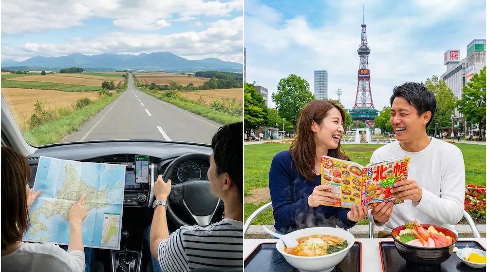 広大な北海道のドライブと都市部での観光を描き分けたイメージ画像