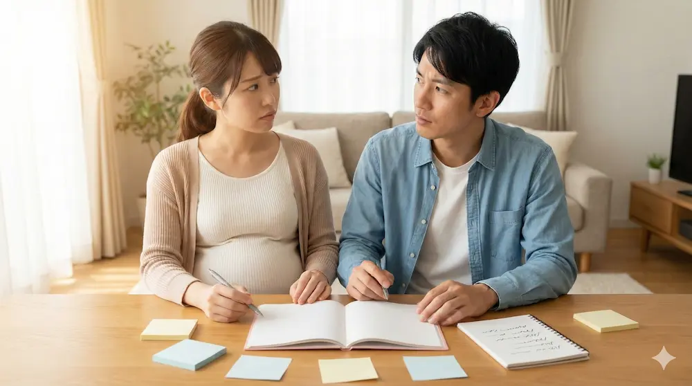 母子手帳の氏名記入に迷う場面を表現したイメージ画像