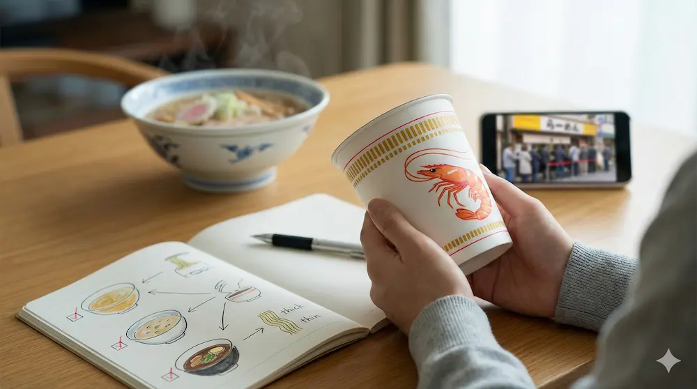 カップ麺を使って事前に味の傾向を予習する様子を描いたイメージ画像