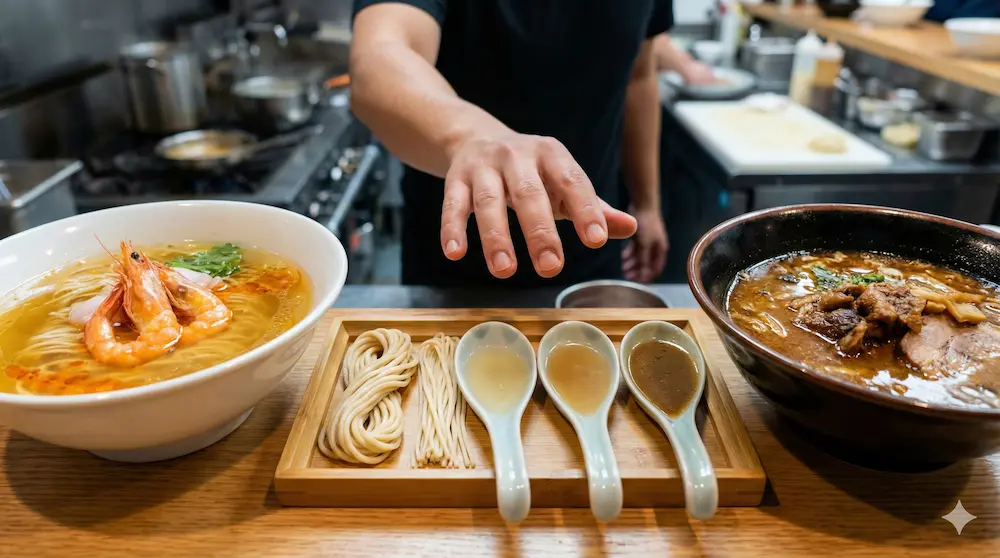 麺やスープの選択肢から最適な一杯を選ぶ様子を説明する図