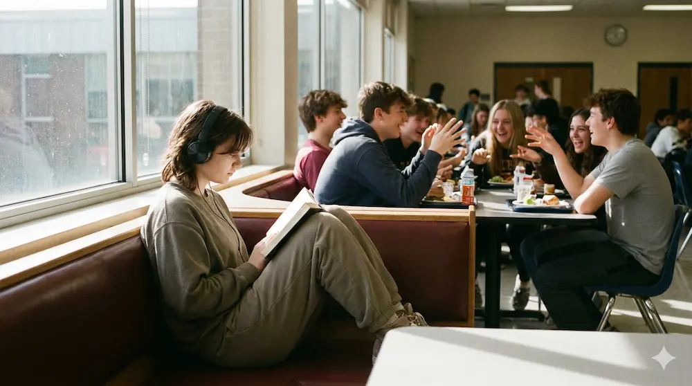 喧騒の中で一人読書に耽る学生の姿を描いたイメージ画像