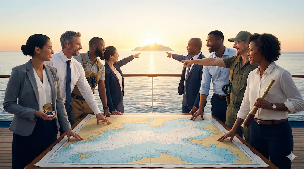 プロジェクトの進むべき方向を地図で確認するチームのイメージ画像