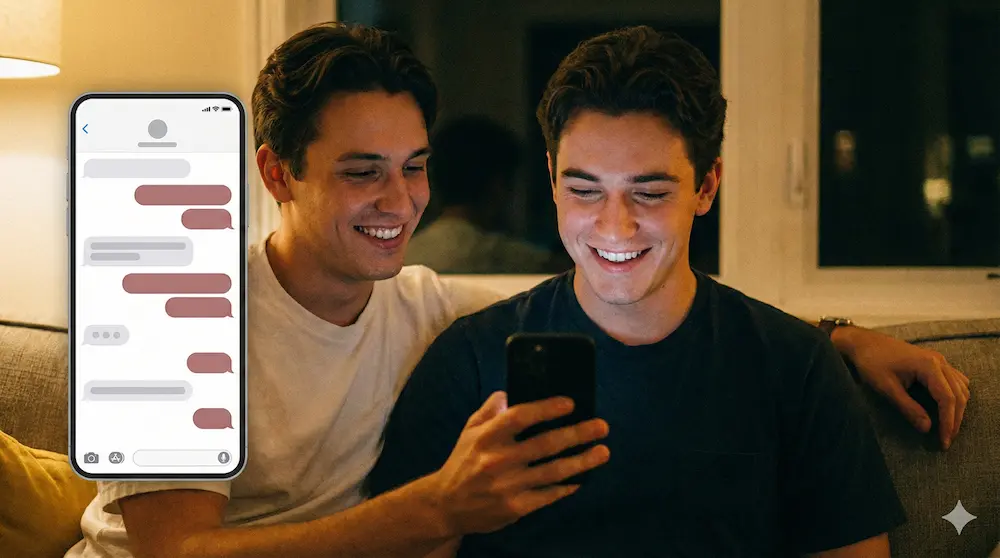 スマートフォンのLINE画面を見て笑顔になる男性たちのイメージ画像
