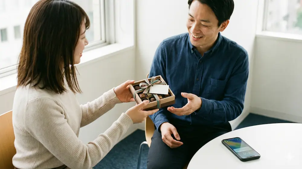 二人きりの空間で特別感のあるチョコを渡す瞬間のイメージ画像