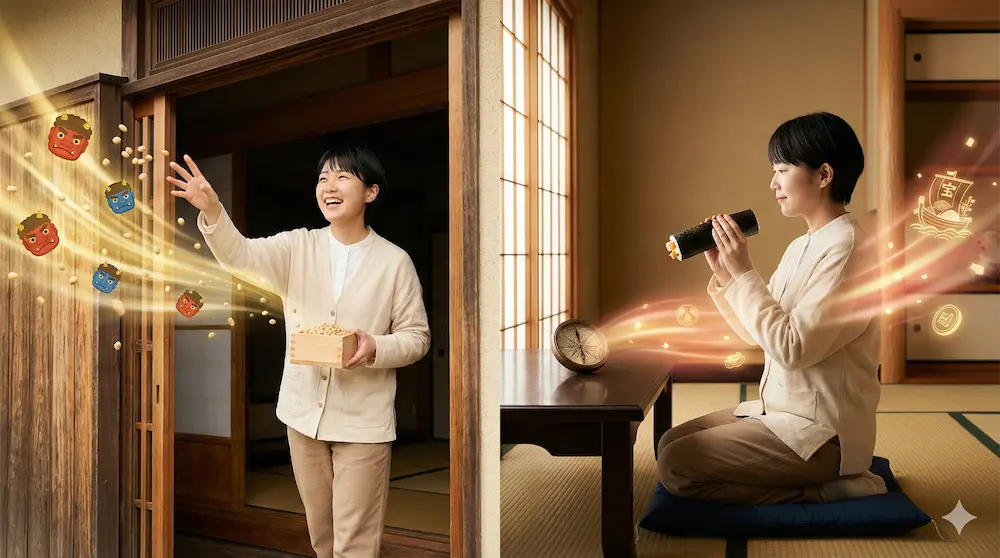 邪気を払い福を呼ぶ豆まきと恵方巻きの対比イメージ画像