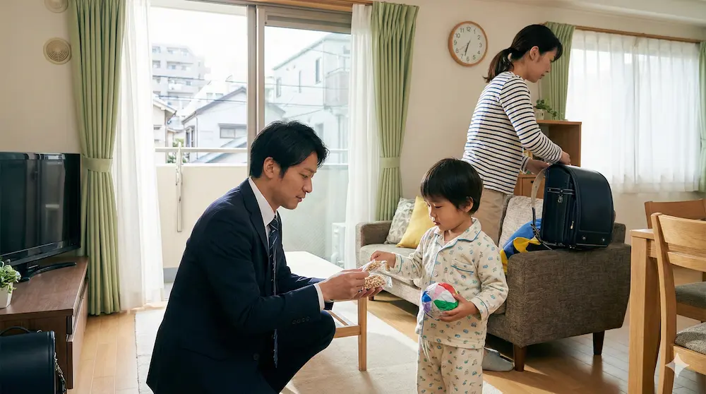 朝の光の中で控えめに豆まきを行う様子のイメージ画像